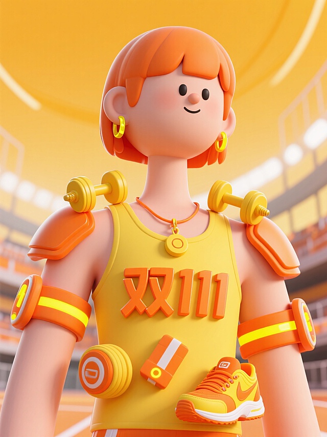人物身着橙黄运动装，印 “双 11”，搭配运动配饰，洋溢活力购物氛围