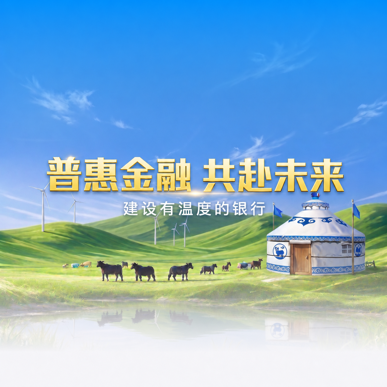 基于原图进行修改，保留草原、蒙古包、风车、牛群、蓝天等所有背景… - 图片创意预览