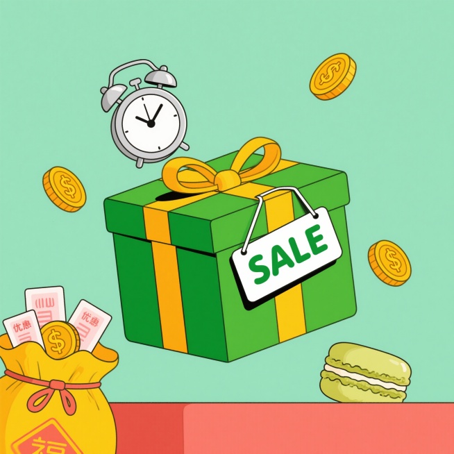 马卡龙配色电商促销素材，1:1比例，背景纯色简约，中央是带“SALE”标签的绿色礼盒，周围漂浮金色金币，左下角有装满优惠券的黄色福袋，顶部有银色闹钟，整体画面明亮清新，高清晰度预览效果