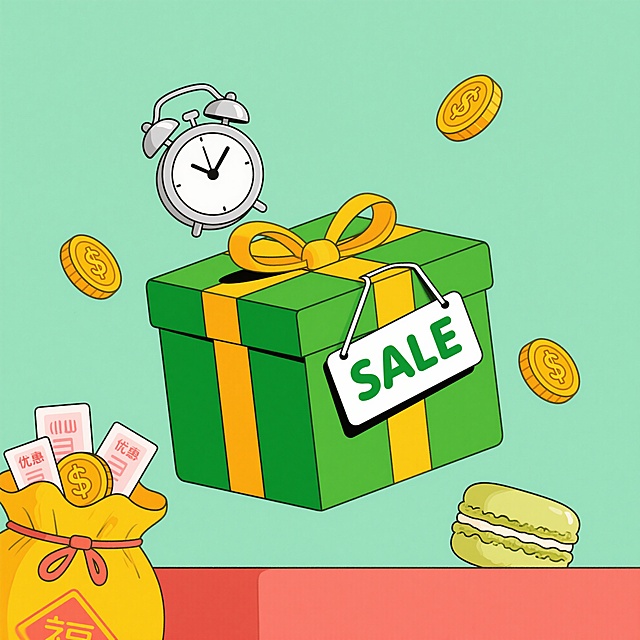 马卡龙配色电商促销素材，1:1比例，背景纯色简约，中央是带“SALE”标签的绿色礼盒，周围漂浮金色金币，左下角有装满优惠券的黄色福袋，顶部有银色闹钟，整体画面明亮清新，高清晰度
