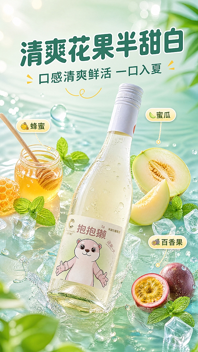 [商品] 使用【图1】抱抱獭半甜白葡萄酒；保留瓶身造型、透明玻璃材质、浅黄酒液颜色、银色螺旋瓶盖、瓶身标签上的卡通水獭图案、"抱抱獭"文字、"半甜白葡萄酒"文字及所有原有标签设计，不改变商品结构、比例和包装文字。
[画面] 目标为抖音/快手竖屏详情页头图，突出清爽花果半甜白口感卖点。参考【图2】的产品斜置+风味元素环绕动线版式：产品瓶身斜向放置于画面中央偏下位置，约占画面55%；瓶身周围环绕蜂蜜罐、切开的蜜瓜、新鲜百香果及果肉、薄荷叶、冰块、水珠等风味元素，沿白色曲线动线分布，形成从原料到产品的流动感；前景有细碎水花和冷凝水珠增强冰爽鲜活感；背景为青绿色渐变，带细腻水波纹和光斑，营造清新夏日氛围；前中后景层次分明，≥3层视觉元素。
[视觉] 套系策略：风格=清新治愈系商业美食摄影风；标题字=圆润可爱无衬线粗体；正文字=简洁无衬线体；主色=青绿色（薄荷绿+浅青绿渐变）；背景延展=基于青绿色做深浅层级、同色渐变和细腻水波/水珠质感；强调色=暖黄色，仅用于小面积图标、引线和风味标签；标题色=深青绿；正文色=中青绿；组件=圆角半透明信息卡、细线引线、胶囊形风味标签；光影=左前侧柔和自然光，带清凉通透感。
[文字] 画面上方留白放主标题和副标题，不遮挡瓶身主体和标签。主标题：清爽花果半甜白；副标题：口感清爽鲜活 一口入夏；下方配3个风味胶囊标签：蜂蜜、蜜瓜、百香果，分别用引线指向对应风味元素。所有文字横向排版，字号保证手机端清晰可读。
[规格] 图片比例9:16竖版，4K分辨率，负向提示：避免变形、错字、文字过小、瓶身标签文字错乱、商品结构改变、冷蓝色调过重、暗黑色背景、绝对化用语、二维码、水印。