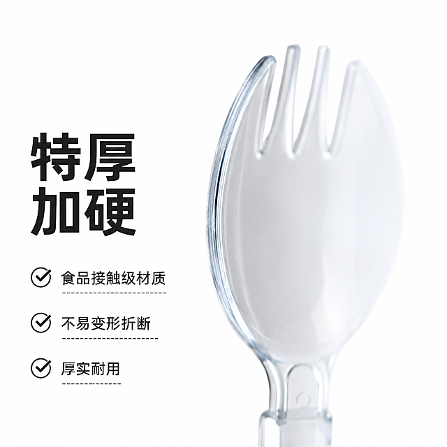 「图片1」「图片1」「图片1」「图片1」「图片1」完全重绘1688电商主图，商品是食品级一次性美式叉勺，100%更换全新背景、场景、构图、文案排版，勺子主体保留但重新绘制，禁止复用原图任何像素，禁止与我提供的图片有相似之处，生成5张1:1比例的高清商品主图，风格统一，适合1688批发平台，突出食品级一次性美式叉勺的卖点