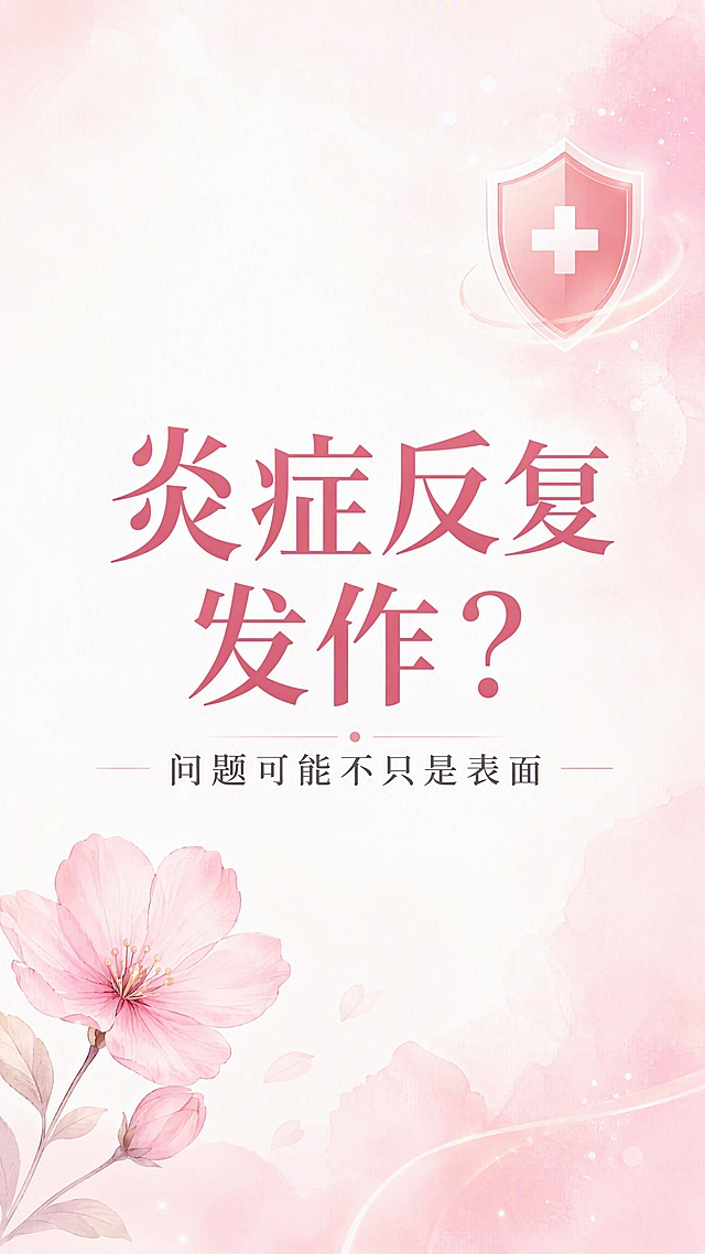 微信公众号竖版图文封面，女性健康科普风格，温柔专业，ins清新风。主标题大字居中：「炎症反复发作？」，副标题小字：「问题可能不只是表面」。背景：柔和的粉白渐变弥散，干净通透。装饰：左下角一个温柔的粉色花朵小图标，右上角一个盾牌小图标，象征防御。整体氛围：专业、关怀、女性健康。版式精美，信息层级清晰，文字清晰可读，四周留安全边距。画面比例 9:16，4K。