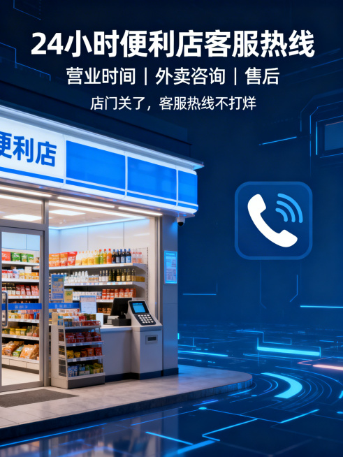 电商宣传海报，主标题"24 小时便利店客服热线"，副标题"营业时间｜外卖咨询｜售后"，卖点"店门关了，客服热线不打烊"，包含元素：便利店、商品、电话，商务简洁风格，深蓝色科技感背景，文字清晰排版整齐预览效果