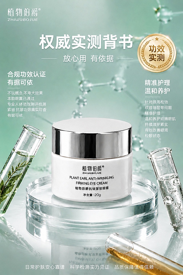 修改这张详情页图片中的文字 保持产品 背景 构图 光影 所有视觉元素完全不变 只修改文字内容 将文案中的滋养 塑形等违禁词全部替换 具体修改如下 左上角品牌名 植物伯爵 保持不变 主标题 权威实测背书 保持不变 副标题 放心用 有依据 保持不变 左侧 合规功效认证 有据可依 保持不变 不玩概念 不夸大效果 本款眼霜已通过 专业人体功效测评检测 紧致 抗皱功效真实可查 有据可依 保持不变 右侧 将 精准护理 温和养护 保持不变 针对眼周松弛 纹理明显等问题 精准护理 温和养护娇嫩眼肌 将 持续滋养塑形 有效改善眼周 松散状态 改为 持续呵护紧实 有效改善眼周 松散状态 底部三行文字 日常护肤安心靠谱 科学检测实力见证 品质保障值得信赖 保持不变 金色徽章 功效实测 保持不变 确保所有文字位置 字体 颜色 大小与原图完全一致 产品外观与原图绝对一致 无任何变形色差