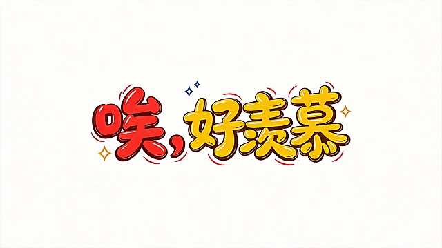 干净的纯白色背景。平面艺术字体设计，精准复刻参考图风格，字体基础为圆润手写体，所有文字单行横向排列，文字内容就是"唉，好羡慕"五个字符，第一个字唉、第二个逗号为红色配棕色描边，第三个好、第四个羡、第五个慕为黄色配棕色描边，保证第一个字是唉，第三个字是羡，大粗圆笔画，活泼动感，带星星和曲线装饰，文字完整不裁切，四周留白。比例16:9。