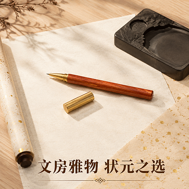 [模块-4] 电商主图展示花梨木状元笔场景展示图。
[氛围/风格] 新中式文房场景，儒雅氛围感，写实商业摄影，质感高级。
[画面元素] 花梨木状元笔保持原图外观结构材质颜色不变，放置在中式素色宣纸之上，旁边搭配一方徽砚和半幅洒金宣纸作为场景搭配，背景浅原木色系，营造文房书香氛围，产品位于画面中心偏上，保持主体突出。
[光影质感] 自然侧光，营造柔和明暗层次，突出木质温润和金属光泽，整体氛围宁静雅致。
[配色色系] 全局底色 #F5F0E6，主体配色 #A04220（花梨木红）+ #D4AF37（黄铜金）+ #E8E4D9（宣纸白）。
[视角构图] 俯视拍摄，场景构图，产品占画面中心主体60%。
[文字版式] 画面底部主标题“文房雅物 状元之选”，深棕色粗宋体，居中对齐，不遮挡产品主体。
[比例分辨率] 1:1 正方形，宽高1024x1024像素，2K分辨率，文字清晰可辨，超高清。
[负向提示词] 产品变形，颜色偏差，文字错乱，水印，场景杂乱。