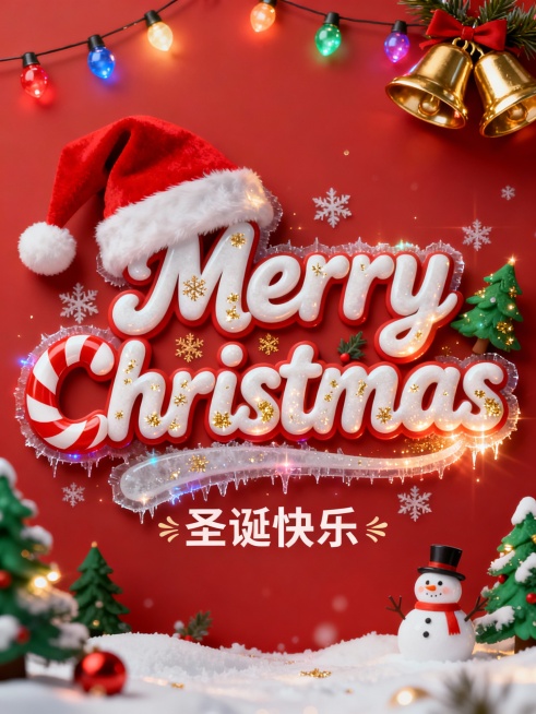 圣诞红背景，中间是圣诞主题的艺术字体“Merry Christmas ”，字体风格充满节日氛围，带有拐杖糖条纹、雪花纹理、金色闪光粒子，字形圆润可爱、略带手写感。字体边缘带有轻微冰霜效果和微光。融入圣预览效果