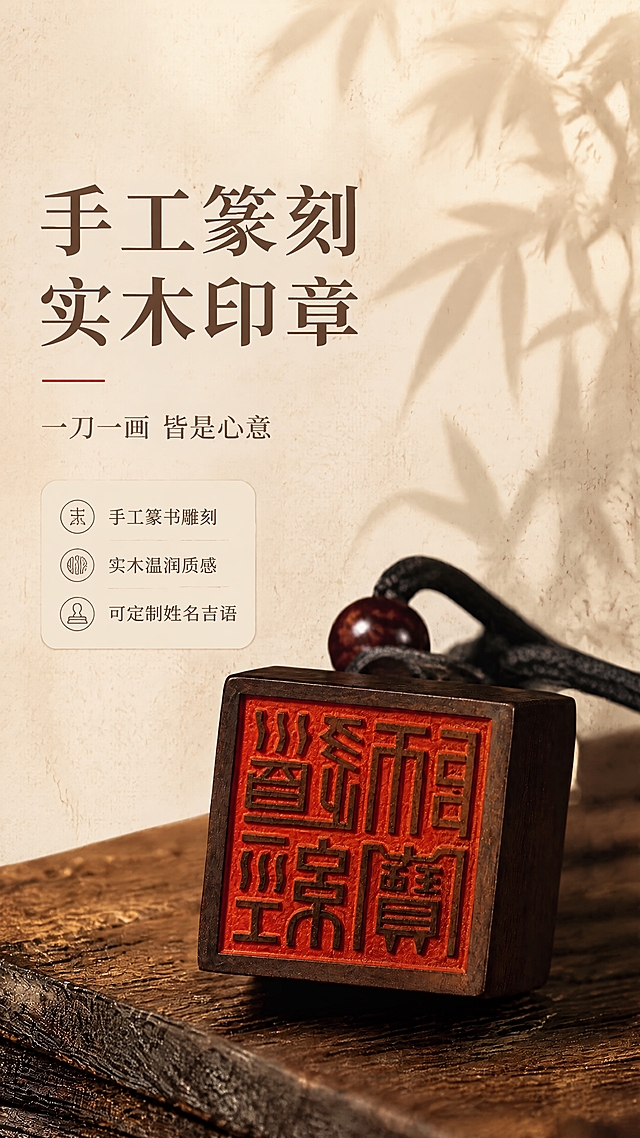 [商品] 使用【图1】手工篆刻实木方形印章；保留印章整体结构、方形印身、红色篆书印面、黑色挂绳与棕色木珠、深棕实木材质与纹理；印章印面文字与图案保持原貌，不改变形状、比例和颜色。
[画面] 第1张 氛围头图，目标是建立东方雅致的第一印象，突出手工篆刻印章的文房雅物气质。印章位于画面中下偏右，主体占画面约55%，呈微仰视角度放置在老榆木桌面上；左侧留白用于文字排版。前景为木纹桌面肌理，中景为印章主体，背景是米白色宣纸质感墙面与淡淡的竹影投影，右上角有柔和自然光斜射，形成三层视觉层次。
[视觉] 套系策略：风格=东方新中式文房商业摄影；标题字=宋体衬线粗体（有书卷气）；正文字=简洁现代宋体；主色=深棕木色；背景延展=基于米白宣纸色做深浅层级、同色渐变与细腻纸纹/木纹质感；强调色=朱砂红，仅用于小面积印章元素、引线和重点标签；标题色=深炭褐；正文色=中暖棕；组件=细线引线、圆角浅米信息卡、淡墨分隔线；光影=左前上方暖柔光，右侧柔和阴影，整体温润有层次。
[文字] 左上区域横排文字，主标题"手工篆刻 实木印章"，副标题"一刀一画 皆是心意"，下方3个短卖点：手工篆书雕刻｜实木温润质感｜可定制姓名吉语；文字不遮挡印章主体与印面。
[规格] 抖音9:16竖版，4K，负向提示：避免变形、模糊、错字、文字竖排、冷蓝背景、塑料感、印章结构改变、印面文字错乱、二维码、平台Logo、绝对化用语。