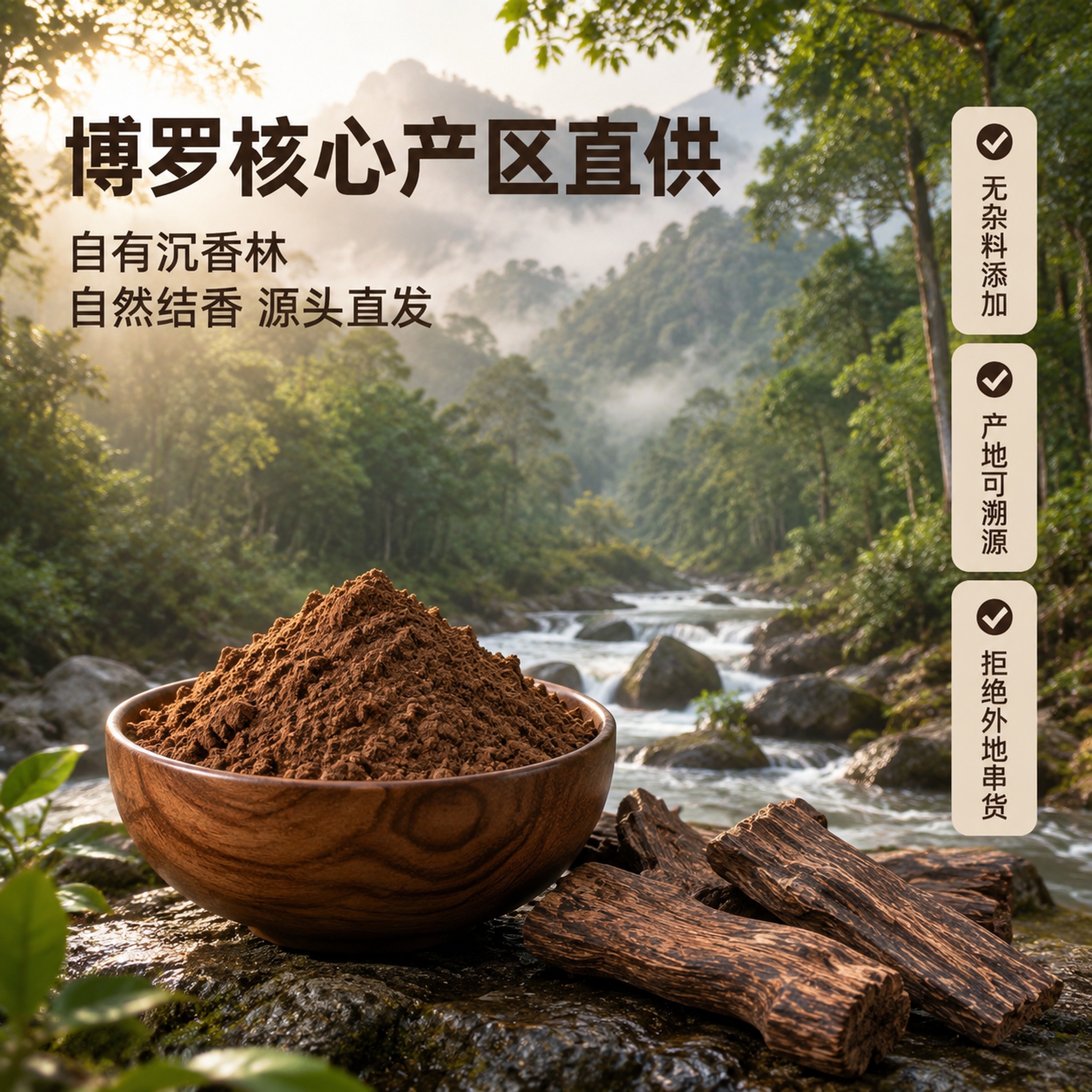 拼多多电商主图产地信任图，中式自然氛围感。画面远景为沉香树林与… - 图片创意预览