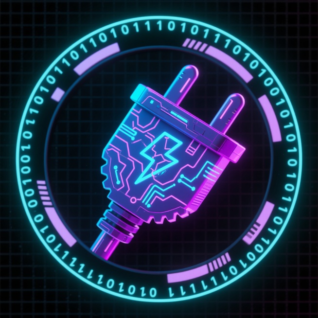 赛博朋克风格的插头图标，插头造型设计为机械齿轮与电路板融合的未来科技形态，插头表面有霓虹蓝色和紫色的发光电路纹路，闪电符号变为带有故障艺术效果的动态光效，整体被一个由二进制代码流组成的圆形环绕，背景为深黑色带有网格纹理，图标边缘有轻微的辉光效果，呈现出高科技、未来感和能量感的视觉氛围。预览效果