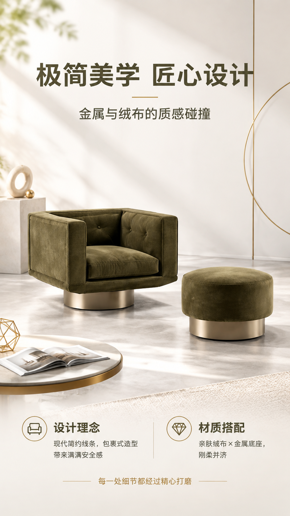 [商品] 使用【图1】橄榄绿绒布单人旋转沙发椅+脚踏；保留方正… - 图片创意预览