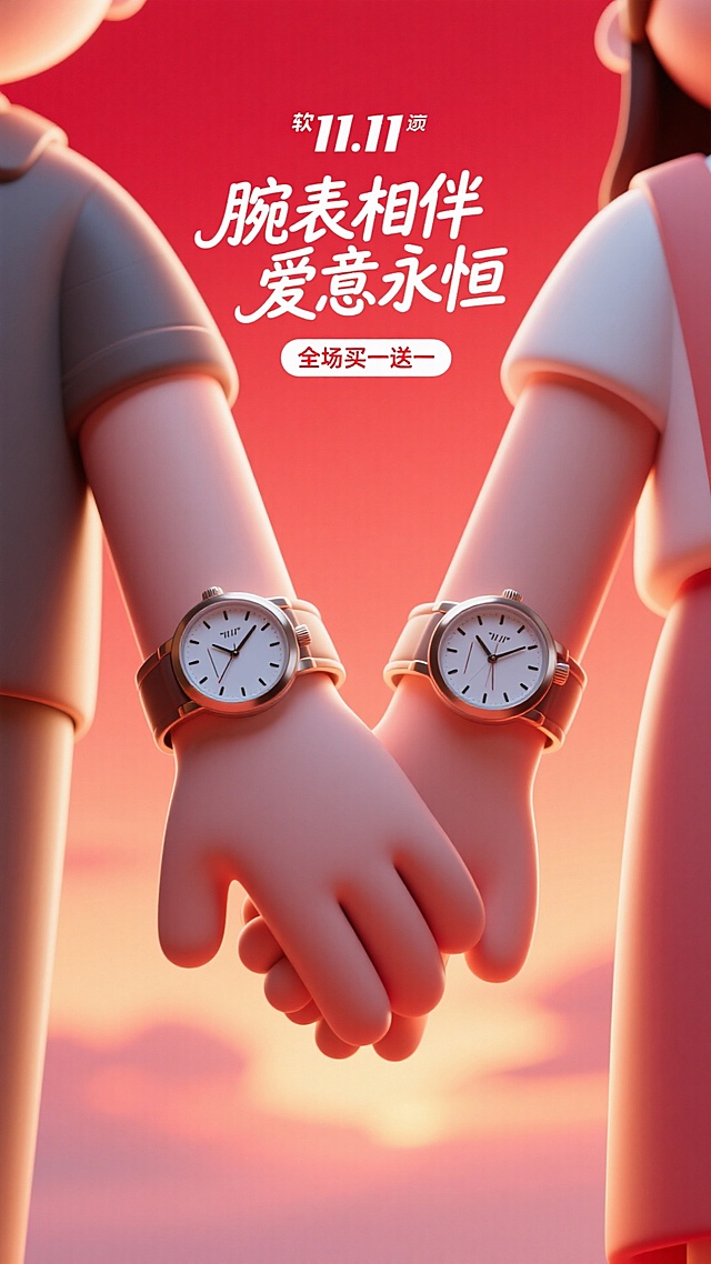 背景是柔和温暖的朱砂红色，如同晚霞。画面采用极简的剪影手法，聚焦于一对情侣的手腕特写，他们正在深情牵手，手腕上佩戴着同系列的对表。手表是画面中唯一有细节和光泽的实体，重点突出。
上面放着小一点的“11.11”logo，大标题“腕表相伴 爱意永恒”采用手写字体或圆润的字体，放置在画面留白处，温柔而直接。副标题“全场买一送一”作为促销信息清晰标注。整个画面情感真挚，不言而喻。