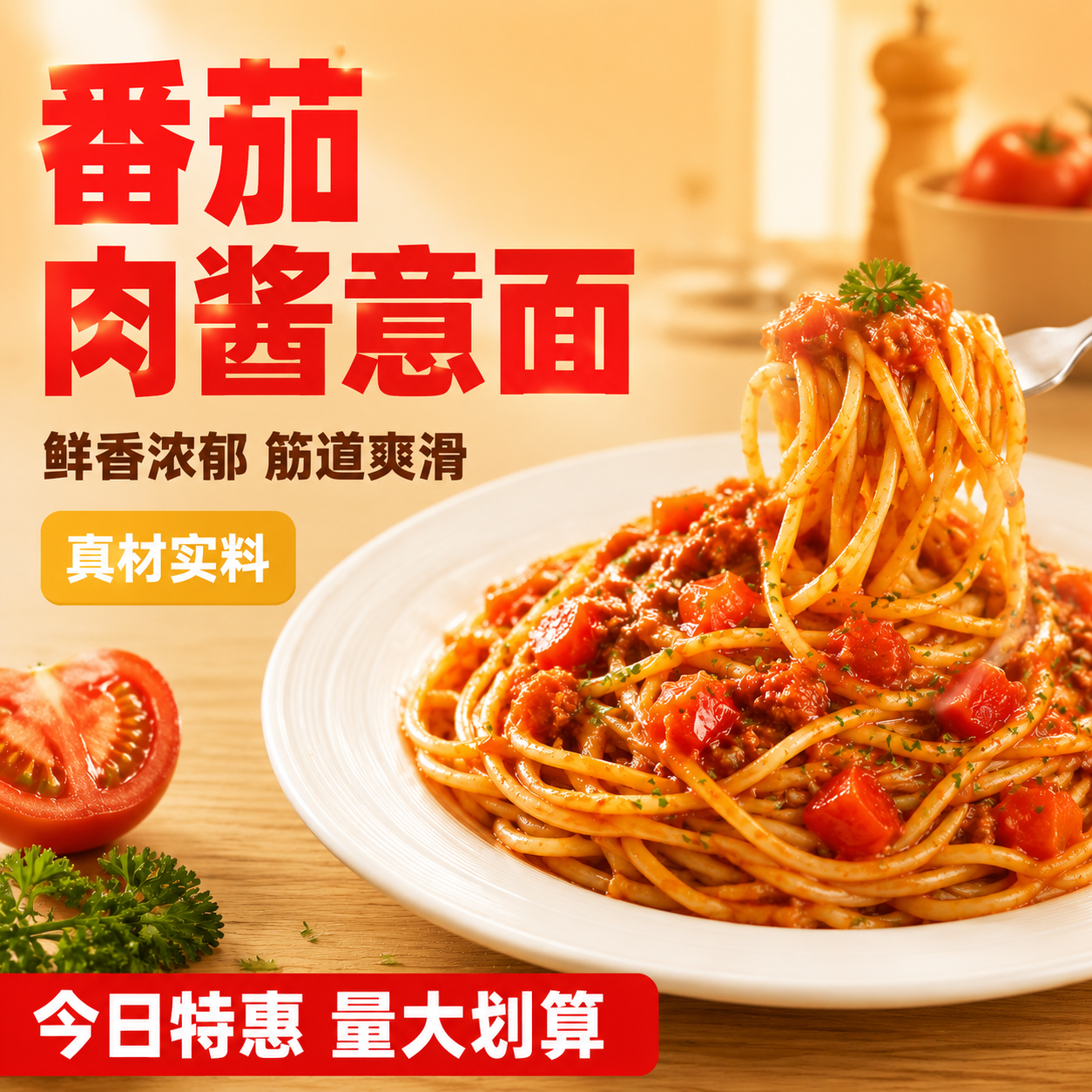 保留图片中番茄肉酱意面的食品主体完全不变 只修改背景和添加文字… - 图片创意预览