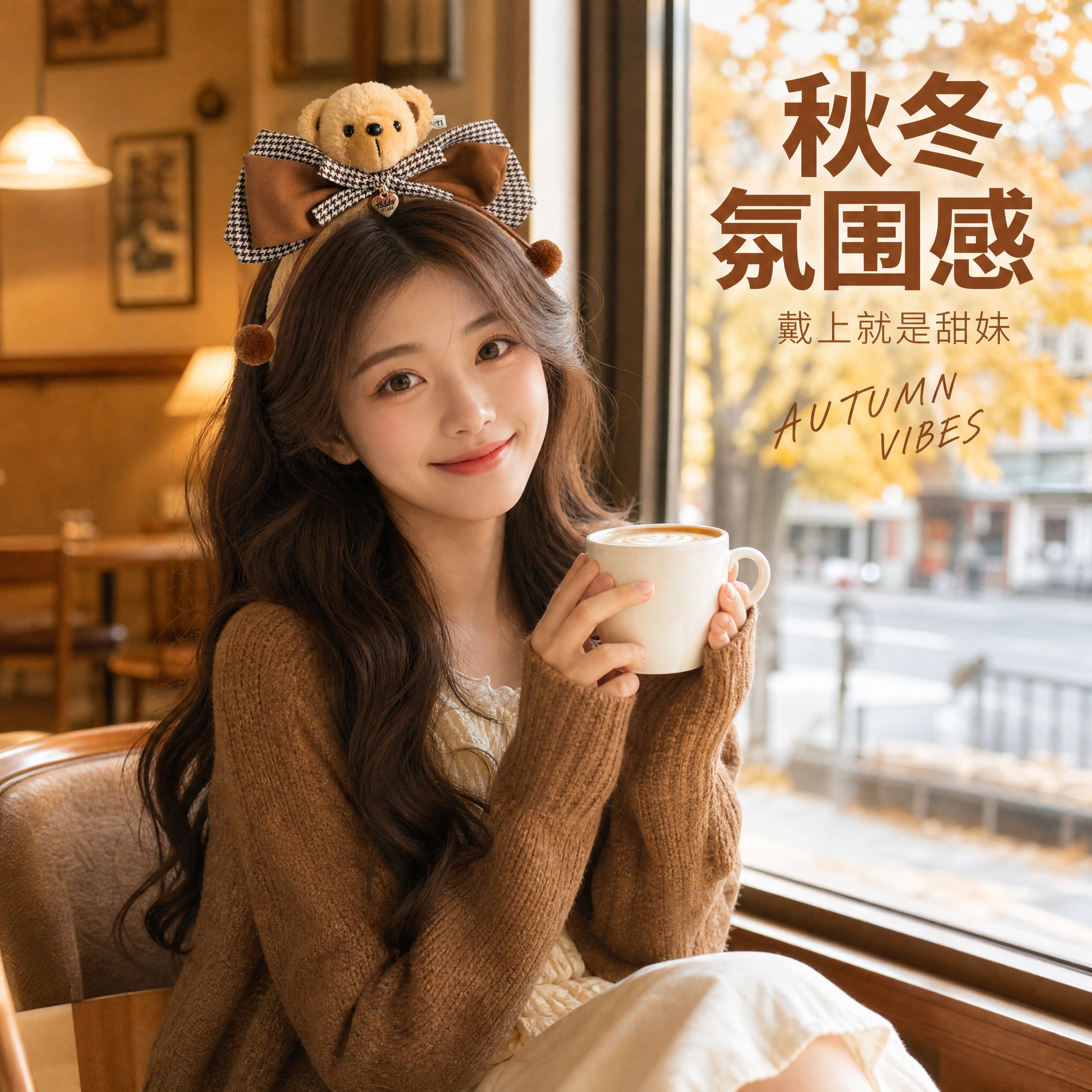 [主图-4] 泰迪爱兰毛绒小熊发箍 秋冬场景穿搭展示。 [氛围… - 图片创意预览