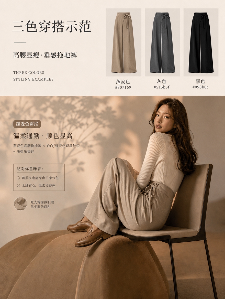 [商品] 使用【图1】的高腰垂感拖地裤整体版式与三色穿搭结构；… - 图片创意预览