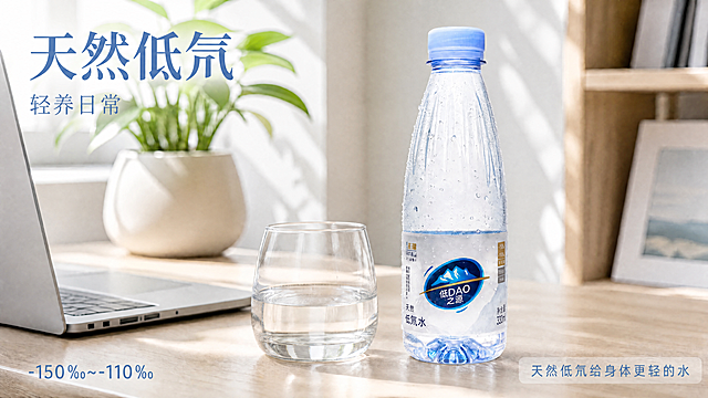 超写实商业产品摄影。
主体：瓶装饮用水严格参照上传产品图，完整保留所有可见组件、部件、轮廓、结构、比例、材质、颜色与产品本体上的文字信息（logo/型号/规格/参数等），与上传图完全一致；清除产品本体之外的多余信息，产品作为唯一视觉焦点，自然融入场景光影，与场景共处同一物理空间。
构图：产品置于桌面右侧，平视微侧角度，构图均衡透气。
风格：北欧ins奶油风，温馨生活化种草氛围。
场景：现代书房办公桌面场景，日常办公使用场景。
空间承载：产品放置在浅原木色办公桌面上，左侧搭配半开银色笔记本电脑和透明玻璃杯。
道具陈设：①桌面左侧，半开银色笔记本电脑，金属机身；②产品左前方，透明玻璃杯装饮用水，高硼硅玻璃；③背景左上方，奶白色花盆种植绿萝，磨砂陶瓷材质。
配色/材质：浅木色/银灰色/奶白色/清新绿色，原木/金属/玻璃/陶瓷，色调和谐自然。
光影：主光从左侧窗户斜入45°，清透夏日自然光，高亮平光，整体明亮干净，瓶身保留自然冷凝水珠质感。
文字版式：画面左上角添加文字点缀，大字文案写"天然低氘"，副标题写"轻养日常"，左下角浅蓝小字标注"-150‰~-110‰"，右下角浅蓝色半透明底框写"天然低氘给身体更轻的水"。文字不遮挡产品主体，清晰易读，与背景反差明显。
参数：4K写实高清。严格锁定宽高比为 16:9