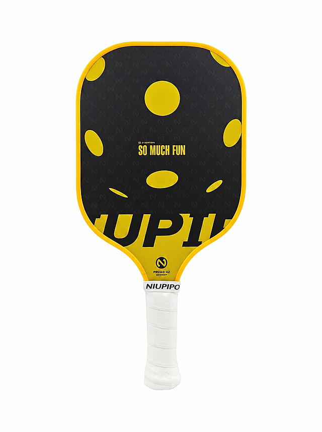 [Main Image 1] Pickleball Paddle product main image for Amazon跨境 platform. Keep the original product appearance (black and yellow polka dot design, NIUPIPO brand, shape, color, material texture) exactly the same as the input image, no distortion or color change. The product is placed in the center of pure white background #FFFFFF, product occupies 85% of the画面. The original NIUPIPO logo is retained in the upper left corner safety area without blocking the product. The overall style is clean, professional and compliant, in line with Amazon跨境 platform requirements. Atmosphere: professional commercial product photography. Image quality: commercial photography texture, clear and real product, high definition, clean and advanced picture. Light: soft and even studio light, clear outline, soft shadow, no glare, no dark spots. Color scheme: main color pure white background, retains the original product's black and yellow matching. Perspective: direct frontal平视, product complete and not cut. 3:4 ratio, 2K resolution, super high definition. Negative prompt: deformation, watermark, text disorder, blurred product picture, cluttered background, marketing text, extra logo.