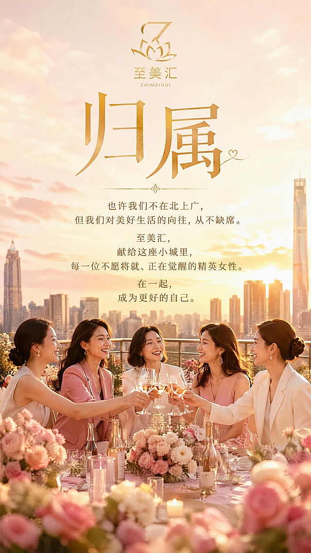 高端女性朋友圈早安图，竖版9:16。画面顶部是金色至美汇logo（字母Z与莲花组合），中央大标题"归属"二字，深情温暖的金色字体。下方正文文案："也许我们不在北上广，但我们对美好生活的向往，从不缺席。至美汇，献给这座小城里，每一位不愿将就、正在觉醒的精英女性。在一起，成为更好的自己。" 背景是五位精英女性在露台花园举杯庆祝的场景，夕阳余晖，城市天际线，鲜花美酒，每个人脸上都洋溢着自信幸福的笑容。整体色调暖金、玫瑰粉、象牙白，温暖高级，夕阳光影梦幻，文字排版深情有力量