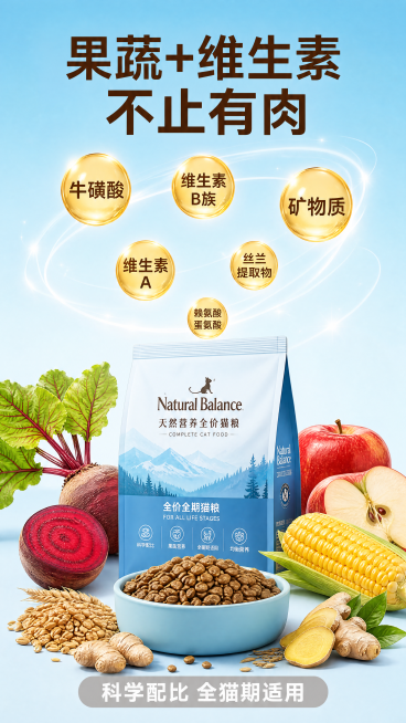 [第3屏] 营养成分天然解析，本屏展示链宠猫粮的科学配比，果蔬+维生素+矿物质多重营养。
[氛围/风格] 专业健康风，清新通透，科学感强，视觉干净高级。
[元素布局] 画面上半部分为标题和核心概念展示预览效果
