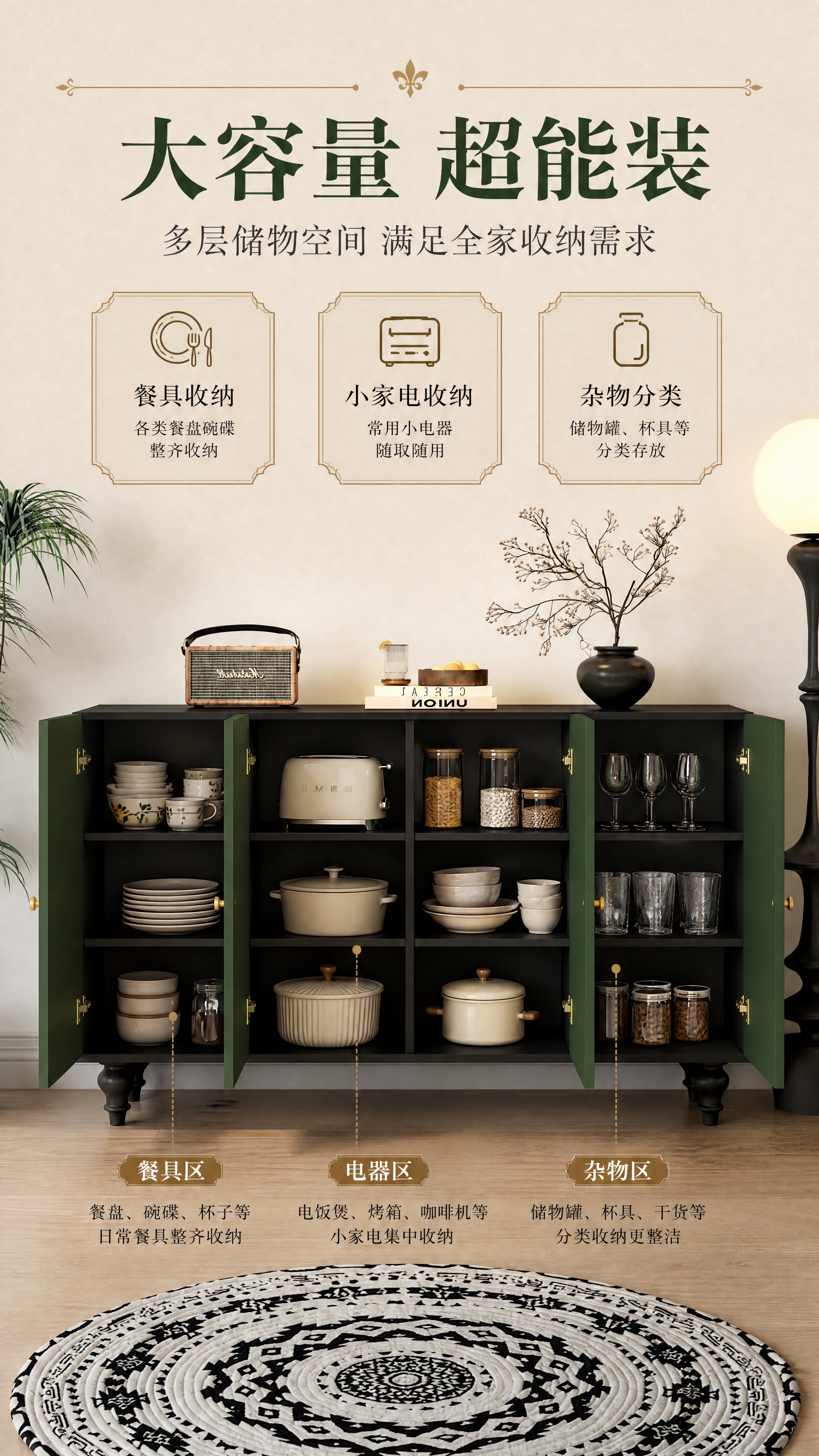 [商品] 使用【图1】墨绿色实木餐边柜，四门结构，黄铜圆形拉手… - 图片创意预览