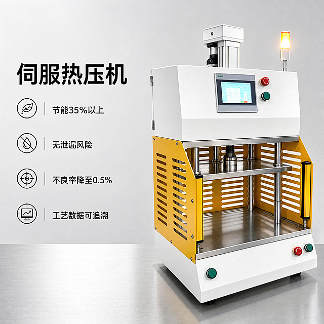 [单张主图] 伺服热压机，走高级氛围感主图路线，目标展示专业工业设备品质，制作高端简约电商主图
[画面主体] 45°斜侧视角展示伺服热压机整体外观，主体占画面约50%，保持产品外观、物理结构、材质质感、配色与输入产品图完全一致，白黄配色机身搭配不锈钢工作台，顶部警示灯、触控显示屏、操作按钮细节完整清晰，金属结构边缘高光锐利，机身无划痕油污，精细化处理杜绝变形和色差
[构图版式] 采用左文右物场景型版式，左侧大面积留白承载文字信息，产品主体放置在右侧居中放大，整体简约高级，信息层级清晰
[场景元素] 浅灰色渐变干净背景，产品底部放置浅金属工业工作台面，整体干净简约，无多余杂乱道具，保留充分留白突出高级质感
[文案版式] 左侧留白区域左对齐排版，主标题"伺服热压机"最大号黑色粗体无衬线字体，下方依次排列四个卖点，每一个卖点搭配细线图标，文字为：
节能35%以上
无泄漏风险
不良率降至0.5%
工艺数据可追溯
文字排版简洁，字间距舒朗，不遮挡产品主体
[光影质感] 正面顶部主光，产品机身金属结构产生清晰柔和高光，不锈钢台面反光自然，背景渐变过渡干净，边缘轮廓清晰，整体商业摄影质感，产品清晰真实，画面干净高级
[配色字体] 主色调浅灰背景白黄产品，文字为深灰色，主标题加粗放大，卖点文字缩小一半，字体为简约无衬线，字重克制，靠留白区分层级
[比例分辨率] 1:1比例，4K分辨率，文字清晰锐利可辨
[负向提示词] 变形，水印，错字，糊字，伪Logo，主体遮挡，背景杂乱，低清晰度，错误结构，文字错乱，遮挡主体