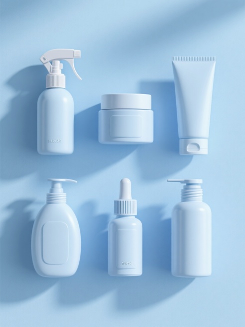 一系列6个不同的个人护理产品包装瓶集合，保持与原图一致的高写实3D渲染风格，每个瓶子具有不同的形状和功能设计（如喷雾瓶、按压式乳液瓶、广口面霜罐、滴管精华瓶、挤压软管、旋转盖洗发水瓶），整体画面变换为柔和的淡蓝色纯色背景，光源来自左上方形成自然的高光和细腻阴影，所有瓶子大小统一、等距排列成两行三列的规整网格布局，表面光滑无纹理，无任何LOGO和文字，展现出清晰的产品轮廓和真实的塑料材质质感，保……预览效果