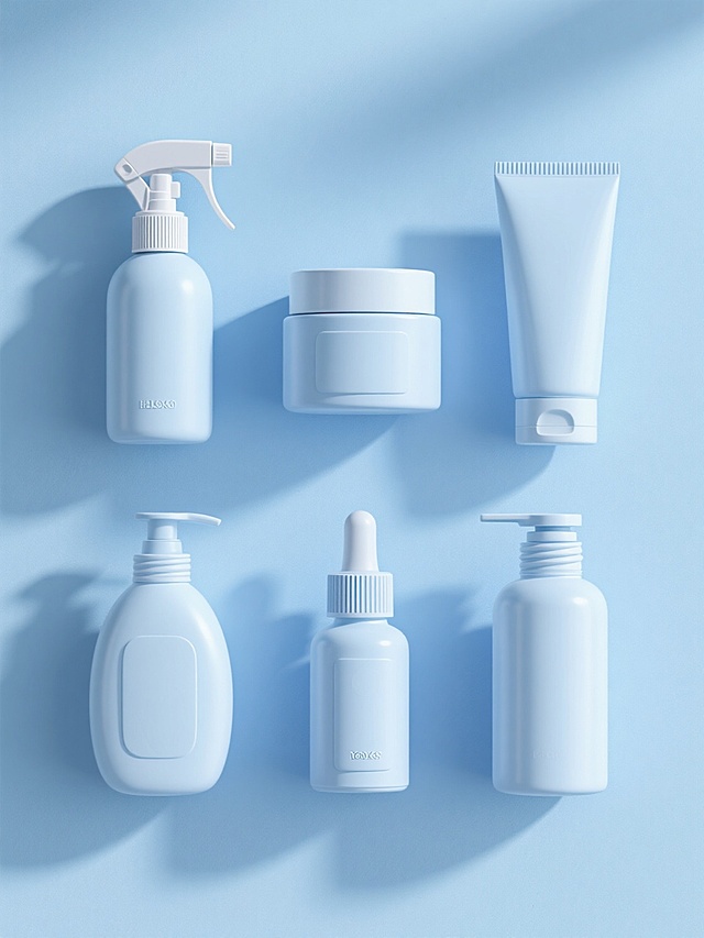 一系列6个不同的个人护理产品包装瓶集合，保持与原图一致的高写实3D渲染风格，每个瓶子具有不同的形状和功能设计（如喷雾瓶、按压式乳液瓶、广口面霜罐、滴管精华瓶、挤压软管、旋转盖洗发水瓶），整体画面变换为柔和的淡蓝色纯色背景，光源来自左上方形成自然的高光和细腻阴影，所有瓶子大小统一、等距排列成两行三列的规整网格布局，表面光滑无纹理，无任何LOGO和文字，展现出清晰的产品轮廓和真实的塑料材质质感，保持干净简洁的视觉效果和专业的产品展示氛围。