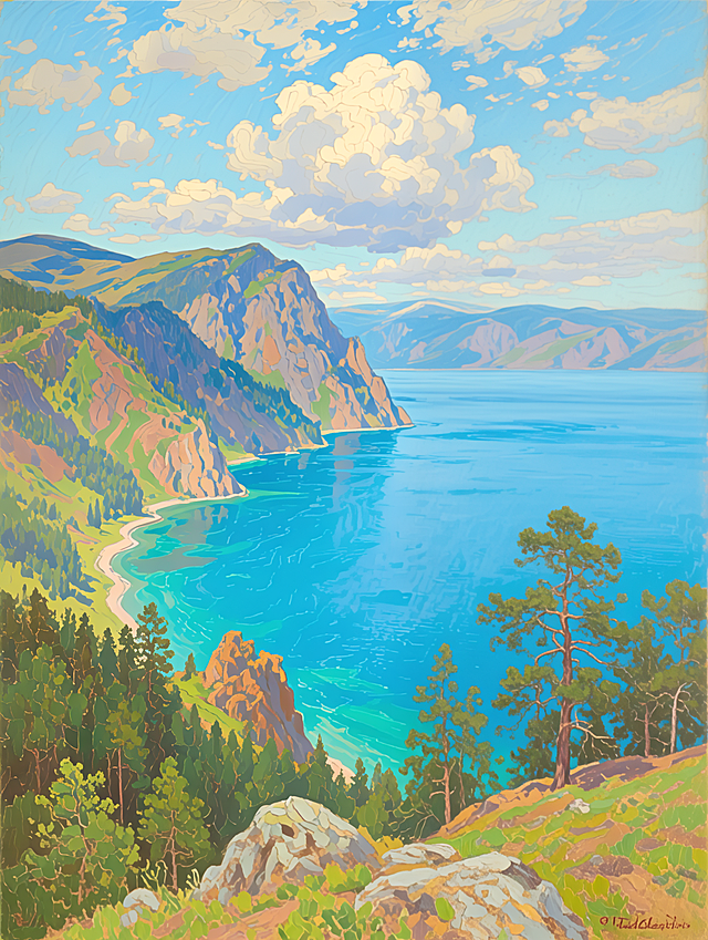 描绘湖光山色的自然景观，画面中有碧蓝湖泊、连绵山脉与茂密森林，采用明亮色彩和细腻笔触呈现清新治愈的视觉效果，适合文旅宣传或装饰用途