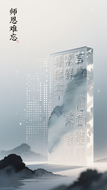 宋代活字网格逐渐转化为像素点阵，油墨滴落处泛起数字涟漪。黛色与纸色交融，立体雕刻呈现字模凹凸感。标题：左上方（师恩难忘）预览效果
