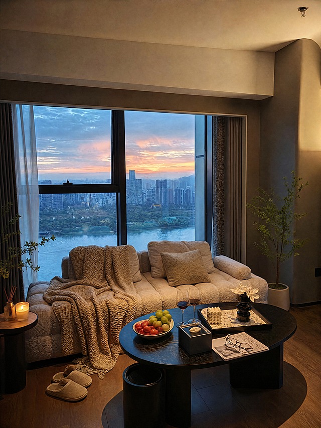 城市江景酒店沙发区，保持整体黄昏色调不变，画面真实自然协调，增强生活感和入住感，素人感，精致好看，不要AI感，不要太假。增加更多素人感摆件物品，物品更丰富，有生活感和氛围感，小红书高端酒店江景氛围，真实感，4K高清，不拼图。茶几上的托盘旁边加两杯红酒和一盘水果，沙发上搭一条针织毯和一个抱枕，旁边放一个小边几放着香薰蜡烛，地上放一双拖鞋，增加小绿植、杂志、眼镜等生活细节。
