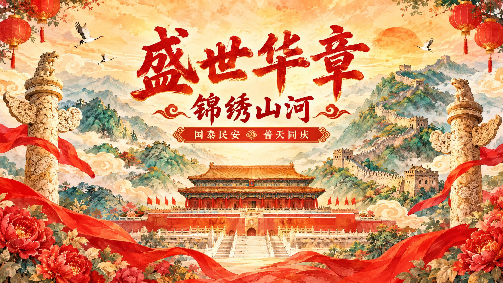 手绘水彩风格国风山水背景展板，画面中央为宏伟的古典城楼建筑，两… - 图片创意预览