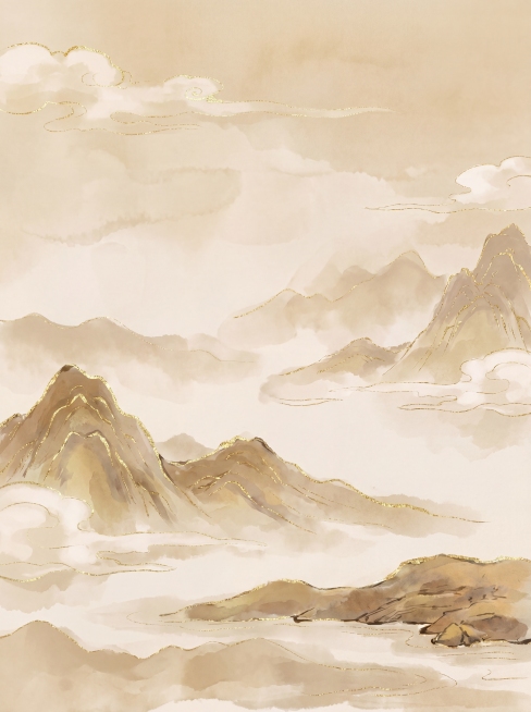 延续原图的描金古风手绘风格，仅绘制远山部分，保留米棕主色调与描金线条质感，背景为淡雅云雾，无桃花、飞燕、近景山石等元素，纯远景山水构图预览效果