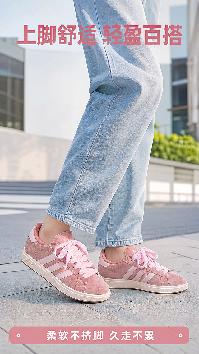 [第4屏] 本屏功能定义：adidas粉色女士低帮休闲板鞋模特上脚效果展示。
[氛围/风格] 日常街拍风，年轻活力氛围感，自然街景光线，真实自然商业摄影质感。
[元素布局] 本屏使用【图1】作为鞋子款式颜色参考，画面主体为年轻亚洲女生，身高约165cm，穿着粉色adidas板鞋，搭配浅蓝色牛仔裤，站在城市干净街道背景中。鞋子的粉色翻毛皮、浅粉色三道杠、粉色鞋带、米白鞋底这些特征必须和原图1保持一致。人物站立自然姿态，重点突出鞋子上脚效果，鞋子位于画面中下区域，占据主体视觉。
[光影质感] 下午自然光，光线柔和通透，鞋子和腿部光影自然，整体明快清新，鞋子颜色真实清晰。
[配色色系] 全局背景：浅灰蓝街道；主体配色：#d98896（脏粉色鞋） + 浅蓝牛仔裤 + 自然肤色；文字配色：深粉色+白色。
[视角构图] 中低视角，从膝盖往下拍摄，人物腿部和鞋子占据画面主要位置，背景适当虚化，突出主体。
[文字版式] 顶部大标题写「上脚舒适 轻盈百搭」，深粉色加粗居中。底部浅色信息条写「柔软不挤脚 久走不累」，白色字体居中，不遮挡鞋子主体。
[比例分辨率] 9:16竖版比例，4K分辨率，文字清晰可辨，超高清。
[负向提示词] 鞋子变形，颜色和款式和参考图不一致，人物畸形，脚部结构错误，文字错乱，水印，背景杂乱。