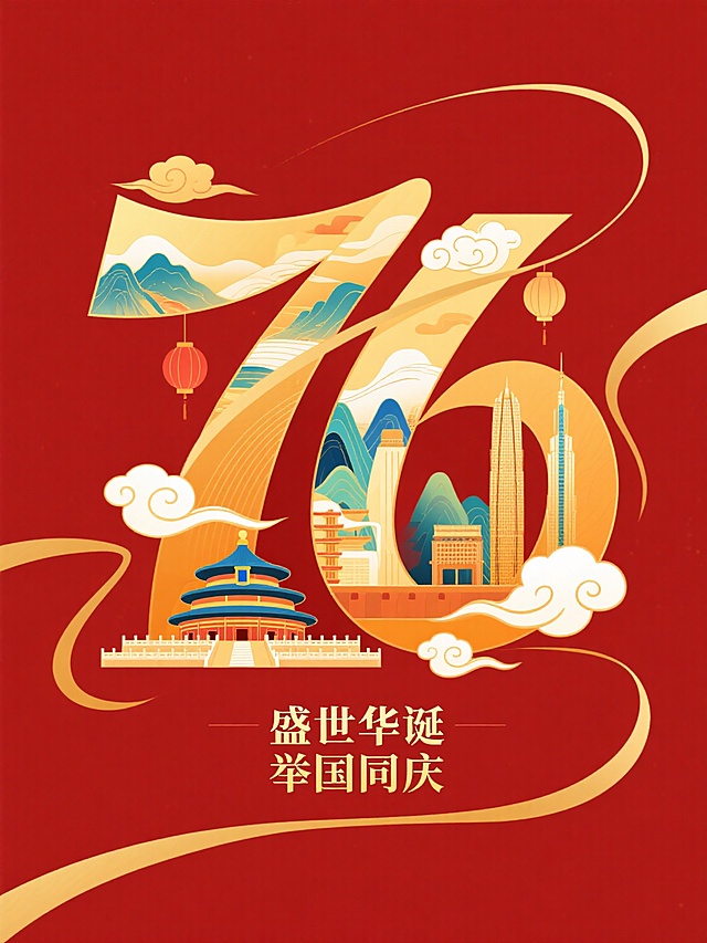 以深红色为背景主色调搭配金色动态曲线，用金色艺术感数字 “76”，内部填充中国传统山水画卷风格，融入天坛、现代摩天大楼等标志性建筑，搭配祥云、灯笼等元素，融入金色艺术感文案“盛世华诞 举国同庆”。