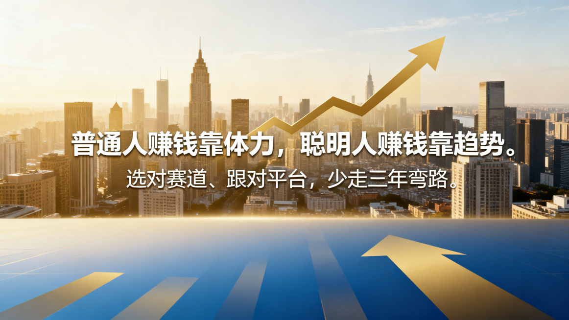 商业创业招募海报，主文案是"普通人赚钱靠体力，聪明人赚钱靠趋势。选对赛道、跟对平台，少走三年弯路。"，背景是明亮的城市金融天际线，向上增长的图表箭头，简约现代风格，高端商务配色金色蓝色渐变，文字排版清预览效果