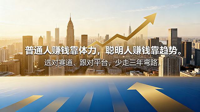商业创业招募海报，主文案是"普通人赚钱靠体力，聪明人赚钱靠趋势。选对赛道、跟对平台，少走三年弯路。"，背景是明亮的城市金融天际线，向上增长的图表箭头，简约现代风格，高端商务配色金色蓝色渐变，文字排版清晰突出，横版16:9海报