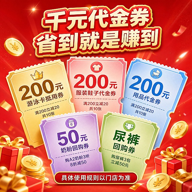[主图-4] 99元孕妈礼包 代金券回购券权益展示。
[统一基调] 淘宝天猫母婴大促风格 红金主色 喜庆热闹 超值划算感 圆润粗黑体大字 金色描边 票券样式设计。
[画面] 画面中心展示4张不同颜色的代金券票券 呈扇形错落排列 每张券有撕线设计和金额数字：金色券"200元游泳卡抵用券" 粉色券"200元服装鞋子代金券" 蓝色券"200元用品代金券" 紫色券"50元奶粉回购券" 绿色券"尿裤回购券" 背景红色渐变 四周点缀金币和礼盒元素。
[光影质感] 票券微立体 有厚度和阴影 背景光斑光效 整体喜庆热闹。
[配色] 主色大红色 辅助色金色 各券用不同彩色区分 文字白色或深色。
[文字版式] 顶部大标题"千元代金券 省到就是赚到" 每张券上大字标金额 下方小字写使用规则 如"满200立减20 共10张" "购A2奶粉3听8折减50" 底部小字"具体使用规则以门店为准"。
[输出要求] 1:1正方形 2048x2048 文字清晰可读 票券设计精美 无错字 无水印 无平台logo 禁止变形模糊杂乱。