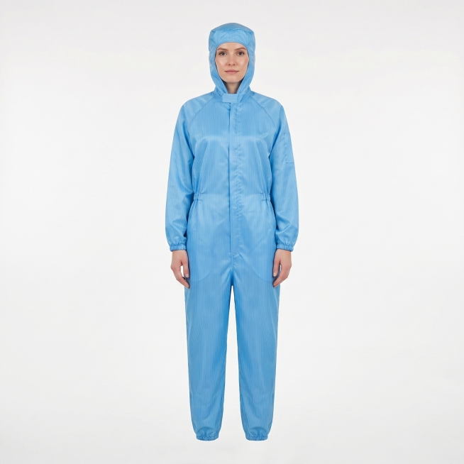 肤色白皙的外国女性模特穿着这件浅蓝色连体带帽防护服，高品质商业摄影，干净纯白色背景，高清晰度，质感细腻，专业服装展示，光线均匀柔和预览效果