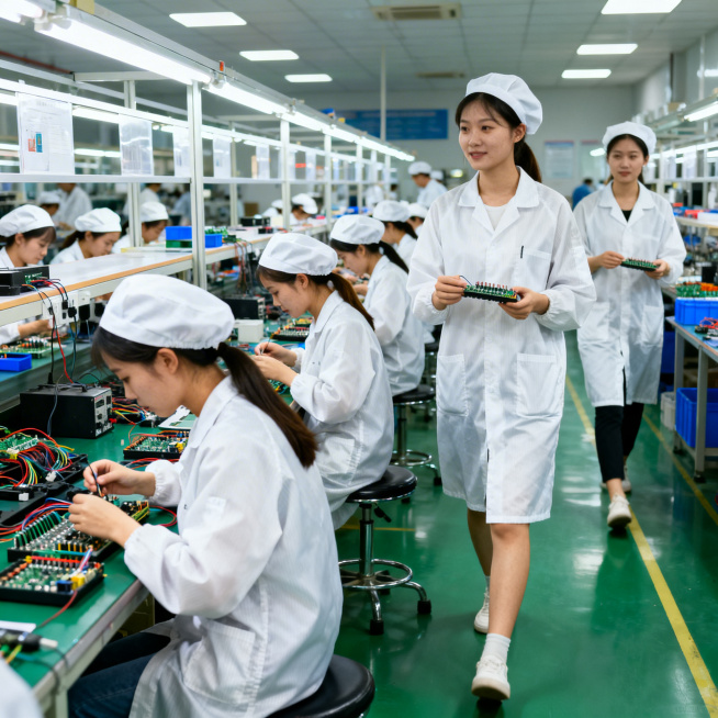 电子厂生产车间内，一群美女工人，一部分坐着工作，一部分走动巡查，所有人都穿着全套白色工衣工作服，戴着白色工帽，手中操作简单轻松的电子零件，符合真实工厂上班场景，写实摄影风格，贴近实际生活，光线自然，画预览效果