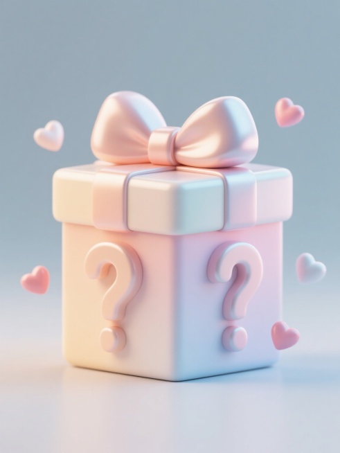3D渲染风格的盲盒图案，简约现代造型，正方体盲盒主体，顶部系有大蝴蝶结，正面和侧面各有一个立体问号装饰，周围点缀漂浮的心形元素，整体采用柔和的渐变色彩，高光和阴影处理细腻，具有光滑的塑料质感，纯色背景，无文字，无logo，无水印，规整排布的单一盲盒元素。预览效果
