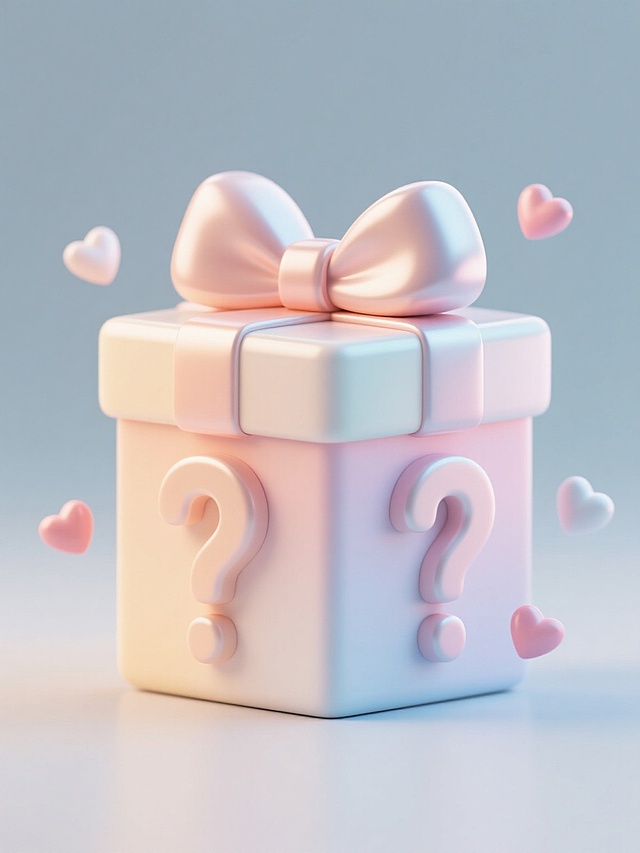 3D渲染风格的盲盒图案，简约现代造型，正方体盲盒主体，顶部系有大蝴蝶结，正面和侧面各有一个立体问号装饰，周围点缀漂浮的心形元素，整体采用柔和的渐变色彩，高光和阴影处理细腻，具有光滑的塑料质感，纯色背景，无文字，无logo，无水印，规整排布的单一盲盒元素。