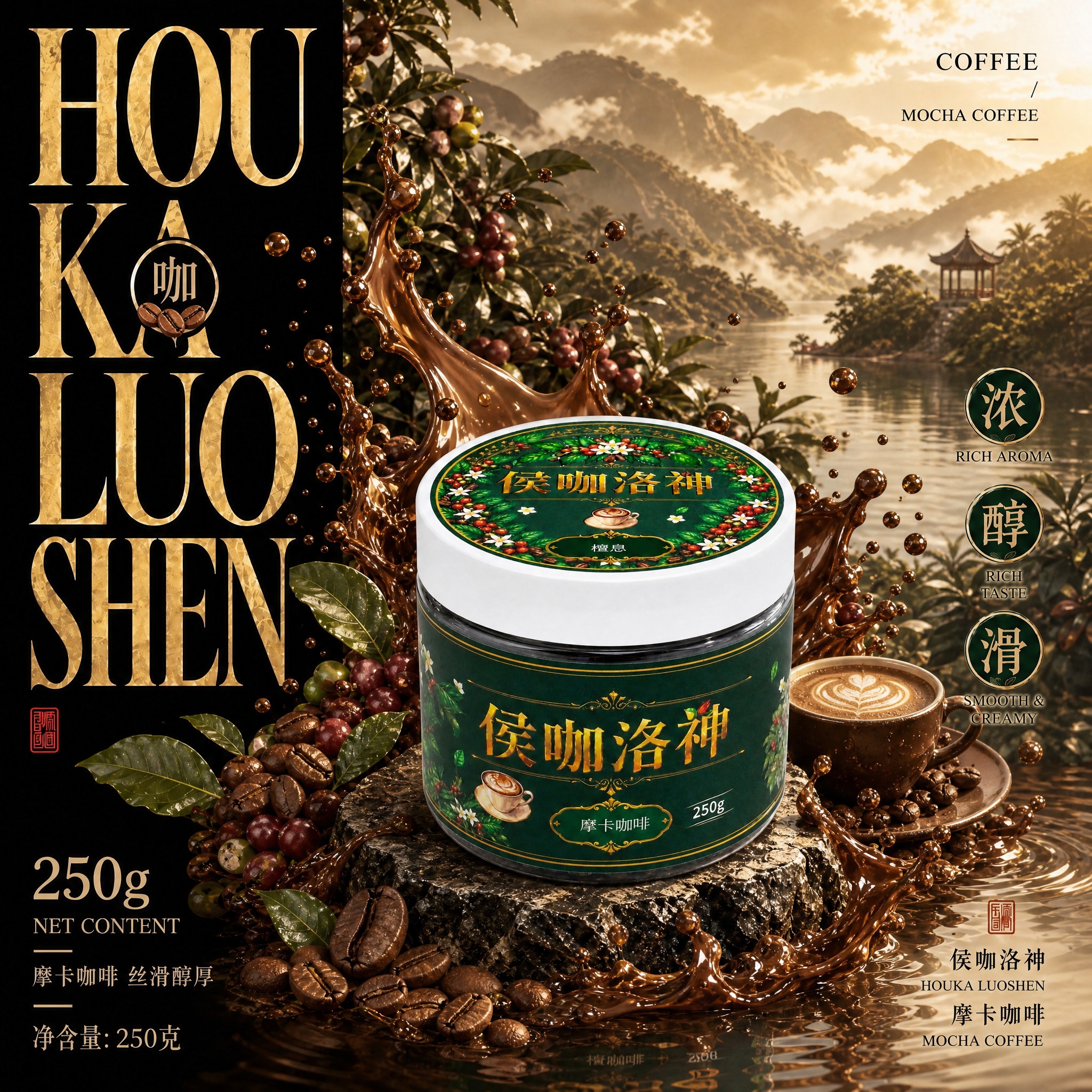 参考提供的黑金高端国风水果茶海报风格，生成摩卡咖啡（檀息）口味… - 图片创意预览