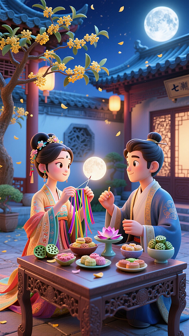 以七夕乞巧为核心，聚焦古色古香庭院场景：月光倾泻间，雕花桌案陈列巧果、莲蓬等应节供品；身着汉服的男女主角相对而坐，女子持五彩丝线对月穿针乞巧，动作优雅，男子则专注凝视、满眼倾慕；院间桂花树摇曳落金瓣，桂香弥漫，整体营造出传统七夕里情侣间含蓄又浪漫的美好爱意，尽显古典节日的雅致与温情。