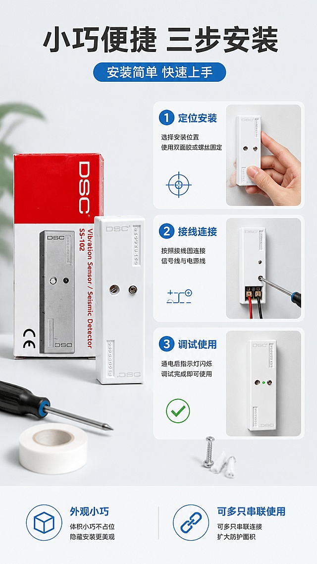 [第7屏] 详情页安装与使用-小巧外观、安装调试便捷说明。本屏使用【图1】和【图2】展示产品与包装。
[氛围/风格] 简洁实用风，浅色干净背景，安装步骤示意，突出便捷性。
[元素布局] 画面左侧展示产品与包装组合，使用【图2】中的产品和包装盒，保持外观、颜色、文字一致，占比约40%；右侧为三步安装示意图：第一步定位粘贴，第二步接线连接，第三步调试完成；每步配简洁图标与手部动作示意；背景为浅灰色，有安装工具（螺丝刀、胶带等）小元素点缀。
[光影质感] 整体明亮柔和，产品与包装有自然光照，阴影浅淡，安装示意图清晰明了，干净清爽。
[配色色系] 全局底色 #F5F7FA 浅灰白；主色科技蓝 #1976D2；辅助色深灰文字、白色产品、绿色完成标识 #4CAF50。
[视角构图] 左产品右步骤的横向构图，阅读动线从左侧产品包装 → 右侧三步安装流程。
[文字版式] 版式为左侧产品包装展示 + 右侧三步安装指引。顶部主标题「小巧便捷 三步安装」，深灰粗体居中；右侧三步分别标注「1. 定位安装」「2. 接线连接」「3. 调试使用」，每步配简短说明；底部标注「外观小巧 安装调试方便」与「可多只串联使用 扩大防护面积」。
[比例分辨率] 9:16 竖版比例，4K分辨率，文字清晰可辨，高清画质。
[负向提示词] 产品变形，包装文字错乱，颜色偏差，水印，文字过小，安装示意图模糊。