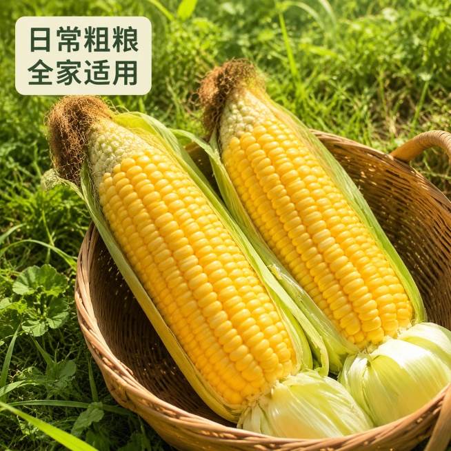 [主图-6] 带皮玉米整体展示，放在藤编竹篮中，增加生活氛围感。[氛围风格] 田园清新，自然新鲜，有食欲。[画质] 商业摄影质感、光线柔和通透、产品清晰真实、画面干净高级。[元素] 两根带部分外皮的金预览效果
