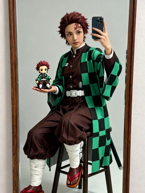 生成一张图一人物装扮成图二角色的全身照，cosplayer出图质感（发型、发色、妆容、服饰都与图二一致），造型帅气。人物所在的写实场景与原作相对应，图一人物一只手抬起拿着手机对着镜子正在自拍，另一只手预览效果