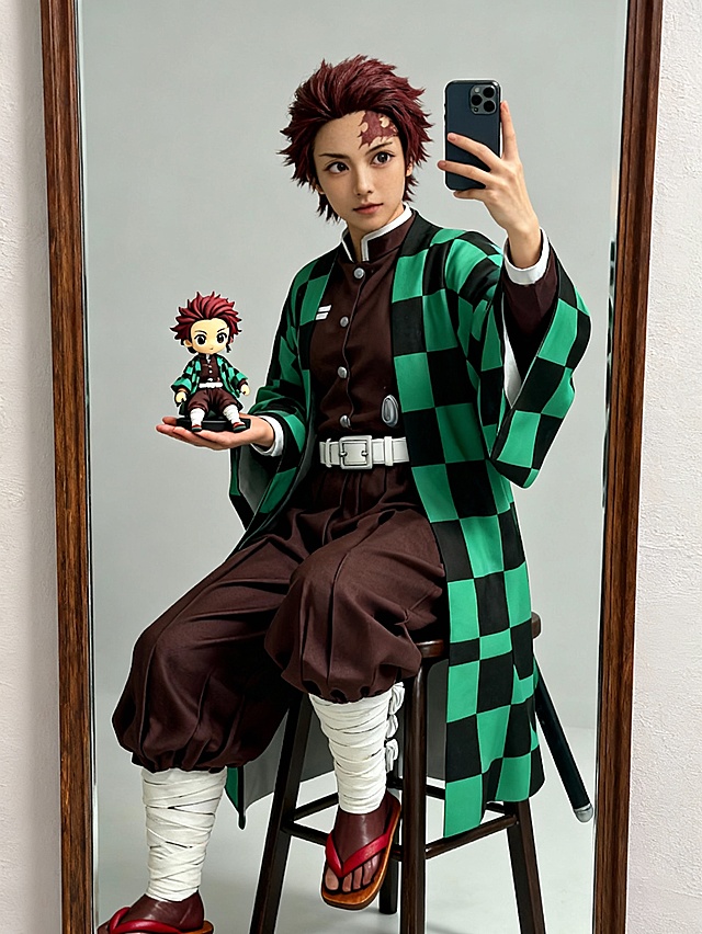 生成一张图一人物装扮成图二角色的全身照，cosplayer出图质感（发型、发色、妆容、服饰都与图二一致），造型帅气。人物所在的写实场景与原作相对应，图一人物一只手抬起拿着手机对着镜子正在自拍，另一只手托着图二造型的玩偶手办。