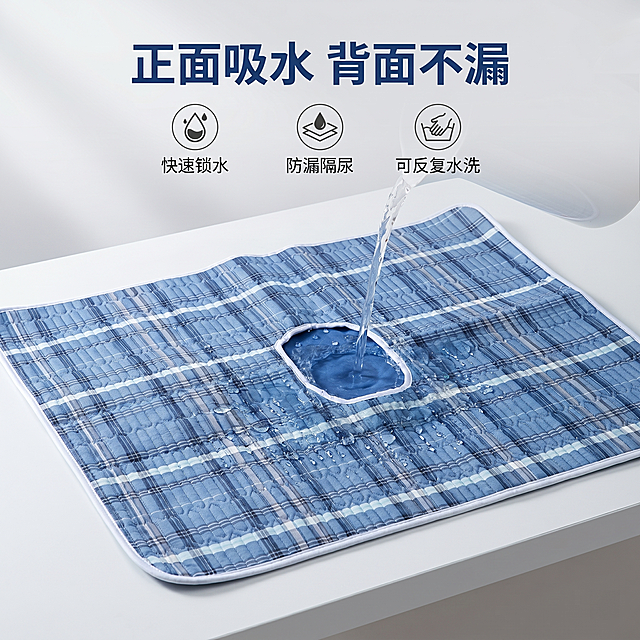 [主图 2] 便孔隔尿垫吸水功能演示。
[氛围风格] 专业功能展示，真实直观，简约干净
[画质] 商业摄影质感、光线柔和通透、产品清晰真实、画面干净高级
[元素] 便孔隔尿垫平铺在桌面，水滴正在倾倒在隔尿垫正面，展示快速吸水效果，保持产品外观、物理结构、材质质感、颜色与输入产品图绝对一致，杜绝任何变形和色差，精细化处理。背景使用干净浅灰色，突出产品和吸水功能演示过程。商品主体占比约65%，画面干净不杂乱。
[光影] 均匀明亮室内灯光，主光清晰突出产品，阴影柔和，细节清楚
[配色] 浅灰色背景搭配产品蓝格，清爽干净，功能演示清晰
[视角构图] 平视，主体居中满屏
[文字版式] 顶部居中主标题 【正面吸水 背面不漏】加粗深蓝色，底部三列图标加说明：第一列水滴图标【快速锁水】第二列保护层图标【防漏隔尿】第三列双手图标【可反复水洗】，小号深色字清晰排列
[比例分辨率] 1:1 比例，2k 分辨率；文字清晰可辨，超高清。
[负向提示词] 变形，水印，文字错乱，产品图模糊，背景杂乱，配色刺眼，遮挡主体
