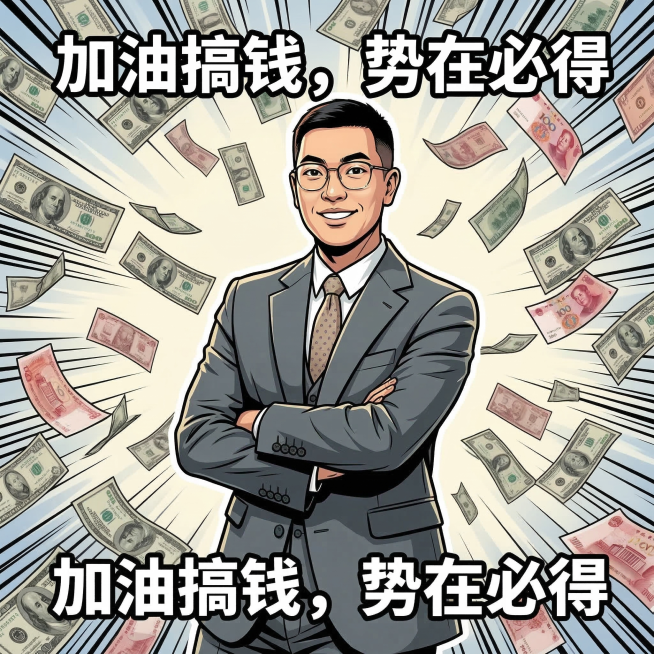 基于原图人物，生成正方形半身漫画表情包，添加带黑色描边的白色文字“加油搞钱，势在必得”，背景添加大量钞票飘落，保持漫画风格预览效果
